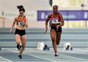 25 January 2020; Patience Jumbo-Gula of Dundalk St. Gerards A.C., Co. Louth, right, and Niamh Foley of St. Marys A.C., Co. Limerick, competing in the Junior Women's 60m during the Irish Life Health National Indoor Junior and U23 Championships at the AIT Indoor Arena in Athlone, Westmeath. Photo by Sam Barnes/Sportsfile