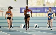 25 January 2020; Patience Jumbo-Gula of Dundalk St. Gerards A.C., Co. Louth, centre, Niamh Foley of St. Marys A.C., Co. Limerick, left, and Alannah Mc Guinness of Carrick-on-Shannon A.C., Co. Leitrim competing in the Junior Women's 60m during the Irish Life Health National Indoor Junior and U23 Championships at the AIT Indoor Arena in Athlone, Westmeath. Photo by Sam Barnes/Sportsfile