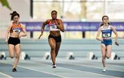 25 January 2020; Patience Jumbo-Gula of Dundalk St. Gerards A.C., Co. Louth, centre, Niamh Foley of St. Marys A.C., Co. Limerick, left, and Alannah Mc Guinness of Carrick-on-Shannon A.C., Co. Leitrim, competing in the Junior Women's 60m during the Irish Life Health National Indoor Junior and U23 Championships at the AIT Indoor Arena in Athlone, Westmeath. Photo by Sam Barnes/Sportsfile