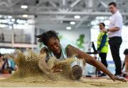 25 January 2020; Blessing Alamu of Carraig-Na-Bhfear A.C., Co. Cork, competing in the Junior Women's Long Jump during the Irish Life Health National Indoor Junior and U23 Championships at the AIT Indoor Arena in Athlone, Westmeath. Photo by Sam Barnes/Sportsfile