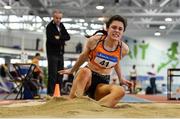 25 January 2020; Laura Frawley of St. Marys A.C., Co. Limerick, competing in the Junior Women's Long Jump during the Irish Life Health National Indoor Junior and U23 Championships at the AIT Indoor Arena in Athlone, Westmeath. Photo by Sam Barnes/Sportsfile