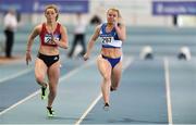 25 January 2020; Molly Scott of St. L. O'Toole A.C., Co. Carlow, right, and Lauren Roy of City of Lisburn A.C., Co. Down, competing in the U23 Women's 60m during the Irish Life Health National Indoor Junior and U23 Championships at the AIT Indoor Arena in Athlone, Westmeath. Photo by Sam Barnes/Sportsfile