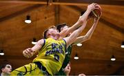 25 January 2020; James Connaire of Moycullen and Eoin McCann of UCD Marian compete for possession during the Hula Hoops U20 Men’s National Cup Final between Moycullen and UCD Marian at the National Basketball Arena in Tallaght, Dublin. Photo by Brendan Moran/Sportsfile