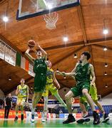 25 January 2020; James Connaire of Moycullen in action against Eoin McCann of UCD Marian during the Hula Hoops U20 Men’s National Cup Final between Moycullen and UCD Marian at the National Basketball Arena in Tallaght, Dublin. Photo by Brendan Moran/Sportsfile