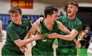 25 January 2020; James Lyons of Moycullen celebrates with team-mates Fiarchra Mulkerrins, left, and Paul Culkeen, right, after the Hula Hoops U20 Men’s National Cup Final between Moycullen and UCD Marian at the National Basketball Arena in Tallaght, Dublin. Photo by Brendan Moran/Sportsfile