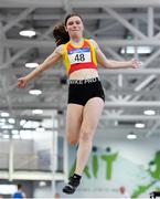 25 January 2020; Jennifer Hanrahan of Tallaght A.C., Dublin, competing in the Junior Women's Long Jump during the Irish Life Health National Indoor Junior and U23 Championships at the AIT Indoor Arena in Athlone, Westmeath. Photo by Sam Barnes/Sportsfile