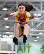 25 January 2020; Jennifer Hanrahan of Tallaght A.C., Dublin, competing in the Junior Women's Long Jump during the Irish Life Health National Indoor Junior and U23 Championships at the AIT Indoor Arena in Athlone, Westmeath. Photo by Sam Barnes/Sportsfile