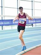 25 January 2020; Matthew Glennon of Mullingar Harriers A.C., Co. Westmeath, celebrates on his way to winning the Junior Men's Walk 3km during the Irish Life Health National Indoor Junior and U23 Championships at the AIT Indoor Arena in Athlone, Westmeath. Photo by Sam Barnes/Sportsfile