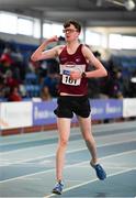 25 January 2020; Matthew Glennon of Mullingar Harriers A.C., Co. Westmeath, celebrates after winning the Junior Men's Walk 3km during the Irish Life Health National Indoor Junior and U23 Championships at the AIT Indoor Arena in Athlone, Westmeath. Photo by Sam Barnes/Sportsfile