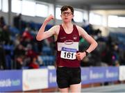 25 January 2020; Matthew Glennon of Mullingar Harriers A.C., Co. Westmeath, celebrates winning the Junior Men's Walk 3km during the Irish Life Health National Indoor Junior and U23 Championships at the AIT Indoor Arena in Athlone, Westmeath. Photo by Sam Barnes/Sportsfile