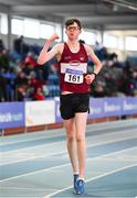 25 January 2020; Matthew Glennon of Mullingar Harriers A.C., Co. Westmeath, celebrates winning the Junior Men's Walk 3km during the Irish Life Health National Indoor Junior and U23 Championships at the AIT Indoor Arena in Athlone, Westmeath. Photo by Sam Barnes/Sportsfile