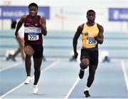 25 January 2020; Israel Olatunde of UCD A.C., Dublin, right, on his way to winning the Junior Men's 60m, ahead of Charles Okafor of Mullingar Harriers A.C., Co. Westmeath, during the Irish Life Health National Indoor Junior and U23 Championships at the AIT Indoor Arena in Athlone, Westmeath. Photo by Sam Barnes/Sportsfile