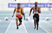 25 January 2020; Tope Adeyeye of Sli Cualann A.C., Wicklow, right, on his way to winning the U23 Men's 60m ahead of eventual second Joseph Olalekan Ojemumi of Tallaght A.C., Dublin, during the Irish Life Health National Indoor Junior and U23 Championships at the AIT Indoor Arena in Athlone, Westmeath. Photo by Sam Barnes/Sportsfile