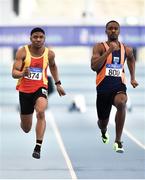 25 January 2020; Tope Adeyeye of Sli Cualann A.C., Wicklow, right, on his way to winning the U23 Men's 60m ahead of eventual second Joseph Olalekan Ojemumi of Tallaght A.C., Dublin, during the Irish Life Health National Indoor Junior and U23 Championships at the AIT Indoor Arena in Athlone, Westmeath. Photo by Sam Barnes/Sportsfile