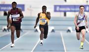 25 January 2020; Israel Olatunde of UCD A.C, Dublin, centre, on his way to winning the Junior Men's 60m, ahead of Charles Okafor of Mullingar Harriers A.C., Westmeath, left, and Jack Olivier of Dundrum South Dublin A.C., during the Irish Life Health National Indoor Junior and U23 Championships at the AIT Indoor Arena in Athlone, Westmeath. Photo by Sam Barnes/Sportsfile