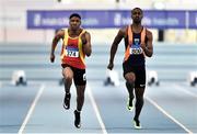 25 January 2020; Tope Adeyeye of Sli Cualann A.C., Wicklow, right, on his way to winning the U23 Men's 60m ahead of eventual second Joseph Olalekan Ojemumi of Tallaght A.C., Dublin, during the Irish Life Health National Indoor Junior and U23 Championships at the AIT Indoor Arena in Athlone, Westmeath. Photo by Sam Barnes/Sportsfile