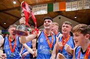 25 January 2020; Neptune captain Eli Lenihan and his team-mates celebrate with the cup after the Hula Hoops U18 Men’s National Cup Final between Neptune and Belfast Star at the National Basketball Arena in Tallaght, Dublin. Photo by Brendan Moran/Sportsfile