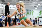 25 January 2020; Laura Cunningham of Craughwell A.C., Co. Galway, competing in the U23 Women's Long Jump during the Irish Life Health National Indoor Junior and U23 Championships at the AIT Indoor Arena in Athlone, Westmeath. Photo by Sam Barnes/Sportsfile