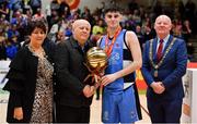 25 January 2020; Eli Lenihan of Neptune is presented with the MVP by Ken Clarke, member of the NABC, in the company of Basketball Ireland President Theresa Walsh and Lord Mayor of Cork John Sheehan, after the Hula Hoops U18 Men’s National Cup Final between Neptune and Belfast Star at the National Basketball Arena in Tallaght, Dublin. Photo by Brendan Moran/Sportsfile