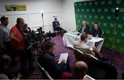 25 January 2020; FAI President elect Gerry McAnaney in the company of FAI Director of Communications Cathal Dervan, right, during a press conference following a FAI EGM at the Crowne Plaza Hotel in Blanchardstown in Dublin. Photo by Matt Browne/Sportsfile