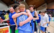 25 January 2020; Eoghan Sheehan, right, and Jake Kelly of Neptune celebrate after the Hula Hoops U18 Men’s National Cup Final between Neptune and Belfast Star at the National Basketball Arena in Tallaght, Dublin. Photo by Brendan Moran/Sportsfile