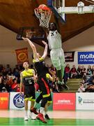 25 January 2020; Andre Nation of Tradehouse Central Ballincollig dunks the ball over James Butler of IT Carlow during the Hula Hoops President’s National Cup Final between IT Carlow Basketball and Tradehouse Central Ballincollig at the National Basketball Arena in Tallaght, Dublin. Photo by Brendan Moran/Sportsfile