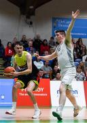 25 January 2020; Jordan Fallon of IT Carlow in action against Ciaran O’Sullivan of Tradehouse Central Ballincollig during the Hula Hoops President’s National Cup Final between IT Carlow Basketball and Tradehouse Central Ballincollig at the National Basketball Arena in Tallaght, Dublin. Photo by Harry Murphy/Sportsfile