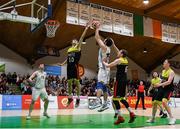 25 January 2020; Jack Kelly of Tradehouse Central Ballincollig in action against Sean Broderick, left, and James Butler of IT Carlow during the Hula Hoops President’s National Cup Final between IT Carlow Basketball and Tradehouse Central Ballincollig at the National Basketball Arena in Tallaght, Dublin. Photo by Harry Murphy/Sportsfile