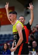 25 January 2020; Jordan Fallon of IT Carlow celebrates after scoring a three pointer on the buzzer during the Hula Hoops President’s National Cup Final between IT Carlow Basketball and Tradehouse Central Ballincollig at the National Basketball Arena in Tallaght, Dublin. Photo by Harry Murphy/Sportsfile