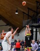 25 January 2020; Jordan Fallon of IT Carlow shoots to score a three pointer on the buzzer during the Hula Hoops President’s National Cup Final between IT Carlow Basketball and Tradehouse Central Ballincollig at the National Basketball Arena in Tallaght, Dublin. Photo by Harry Murphy/Sportsfile