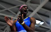 25 January 2020; Nelvin Appiah of Longford A.C., Co. Longford, celebrates a clearance whilst competing in the Junior Men's High Jump during the Irish Life Health National Indoor Junior and U23 Championships at the AIT Indoor Arena in Athlone, Westmeath. Photo by Sam Barnes/Sportsfile