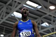 25 January 2020; Nelvin Appiah of Longford A.C., Co. Longford, celebrates a clearance whilst competing in the Junior Men's High Jump during the Irish Life Health National Indoor Junior and U23 Championships at the AIT Indoor Arena in Athlone, Westmeath. Photo by Sam Barnes/Sportsfile