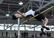 25 January 2020; Geoffrey Joy O'Regan of Sun Hill Harriers A.C., Co. Limerick, competing in the Junior Men's High Jump during the Irish Life Health National Indoor Junior and U23 Championships at the AIT Indoor Arena in Athlone, Westmeath. Photo by Sam Barnes/Sportsfile