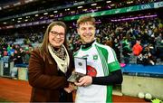 25 January 2020; Ian McCarthy of Na Gaeil is presented with the man of the match award by Claire Liston, Sponsorship Brand Manager AIB, following the AIB GAA Football All-Ireland Junior Club Championship Final match between Na Gaeil and Rathgarogue-Cushinstown at Croke Park in Dublin. Photo by Ray McManus/Sportsfile