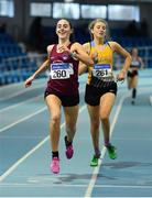 25 January 2020; Claire Fagan of Mullingar Harriers A.C., Westmeath, left, on her way to winning the U23 Women's 800m ahead of Rose Finnegan of UCD A.C., Dublin, during the Irish Life Health National Indoor Junior and U23 Championships at the AIT Indoor Arena in Athlone, Westmeath. Photo by Sam Barnes/Sportsfile