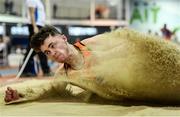 25 January 2020; Sean Carolan of Nenagh Olympic A.C., Co. Tipperary, competing in the Junior Men's Long Jump during the Irish Life Health National Indoor Junior and U23 Championships at the AIT Indoor Arena in Athlone, Westmeath. Photo by Sam Barnes/Sportsfile