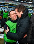 25 January 2020; The Na Gaeil manager Donal Rooney is congratulated by his good friend Micheál O Sé after the AIB GAA Football All-Ireland Junior Club Championship Final match between Na Gaeil and Rathgarogue-Cushinstown at Croke Park in Dublin. Photo by Ray McManus/Sportsfile