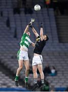 25 January 2020; Enda Tierney of Oughterard and Jamie Kieran contest the throw-in during the AIB GAA Football All-Ireland Intermediate Club Championship Final match between Magheracloone and Oughterard at Croke Park in Dublin. Photo by Ramsey Cardy/Sportsfile