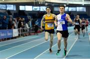 25 January 2020; James Dunne of Tullamore Harriers A.C., Offaly, right, on his way to winning the Junior Men's 800m, ahead of Tommy Connolly of Leevale A.C., Cork, during the Irish Life Health National Indoor Junior and U23 Championships at the AIT Indoor Arena in Athlone, Westmeath. Photo by Sam Barnes/Sportsfile