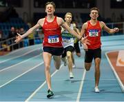 25 January 2020; Cathal Crosbie of Ennis Track A.C., Clare, left, celebrates winning the U23 Men's 400m, ahead of Cathal Locke of Dooneen A.C., Limerick, during the Irish Life Health National Indoor Junior and U23 Championships at the AIT Indoor Arena in Athlone, Westmeath. Photo by Sam Barnes/Sportsfile