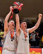 25 January 2020; Tradehouse Central Ballincollig team co-captains Ronan O'Sullivan, left, and Ciaran O’Sullivan celebrate with the cup after the Hula Hoops President’s National Cup Final between IT Carlow Basketball and Tradehouse Central Ballincollig at the National Basketball Arena in Tallaght, Dublin. Photo by Brendan Moran/Sportsfile