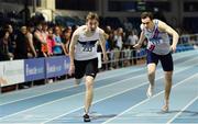 25 January 2020; Jack Raftery of Donore Harriers, Dublin, left, reacts as he crosses the line to win the Junior Men's 400m ahead of Ciaran Carthy of Dundrum South Dublin A.C. during the Irish Life Health National Indoor Junior and U23 Championships at the AIT Indoor Arena in Athlone, Westmeath. Photo by Sam Barnes/Sportsfile