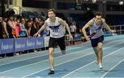 25 January 2020; Jack Raftery of Donore Harriers, Co. Dublin, left, dips for the line to win the Junior Men's 400m ahead of Ciaran Carthy of Dundrum South Dublin A.C. during the Irish Life Health National Indoor Junior and U23 Championships at the AIT Indoor Arena in Athlone, Westmeath. Photo by Sam Barnes/Sportsfile