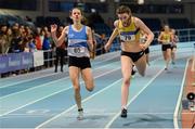 25 January 2020; Rachel McCann of North Down A.C., right, dips for the line to win the Junior Women's 400m, ahead of Simone Lalor of St. Laurence O'Toole A.C., Carlow, during the Irish Life Health National Indoor Junior and U23 Championships at the AIT Indoor Arena in Athlone, Westmeath. Photo by Sam Barnes/Sportsfile