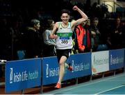 25 January 2020; Mark Smyth of Raheny Shamrock A.C., Dublin, celebrates winning the U23 Men's 200m during the Irish Life Health National Indoor Junior and U23 Championships at the AIT Indoor Arena in Athlone, Westmeath. Photo by Sam Barnes/Sportsfile