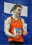 25 January 2020; Joseph Mc Evoy of Nenagh Olympic A.C., Tipperary, celebrates after winning the Junior Men's 60m Hurdles during the Irish Life Health National Indoor Junior and U23 Championships at the AIT Indoor Arena in Athlone, Westmeath. Photo by Sam Barnes/Sportsfile