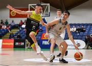 25 January 2020; Inigio Zabola of Tradehouse Central Ballincollig in action against Jordan Fallon of IT Carlow during the Hula Hoops President’s National Cup Final between IT Carlow Basketball and Tradehouse Central Ballincollig at the National Basketball Arena in Tallaght, Dublin. Photo by Harry Murphy/Sportsfile