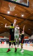 25 January 2020; Ciaran O’Sullivan of Tradehouse Central Ballincollig shoots under pressure from James Butler, left, and Jordan Fallon of IT Carlow during the Hula Hoops President’s National Cup Final between IT Carlow Basketball and Tradehouse Central Ballincollig at the National Basketball Arena in Tallaght, Dublin. Photo by Harry Murphy/Sportsfile