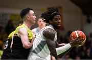25 January 2020; Andre Nation of Tradehouse Central Ballincollig in action against Aaron Whelan of IT Carlow during the Hula Hoops President’s National Cup Final between IT Carlow Basketball and Tradehouse Central Ballincollig at the National Basketball Arena in Tallaght, Dublin. Photo by Harry Murphy/Sportsfile