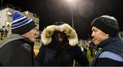 25 January 2020; Eir Sport pundit Joe Brolly, right, takes cover as he talks to Aidan O'Rourke and Sean Perry before the Allianz Football League Division 1 Round 1 match between Donegal and Mayo at MacCumhaill Park in Ballybofey, Donegal.h Photo by Oliver McVeigh/Sportsfile